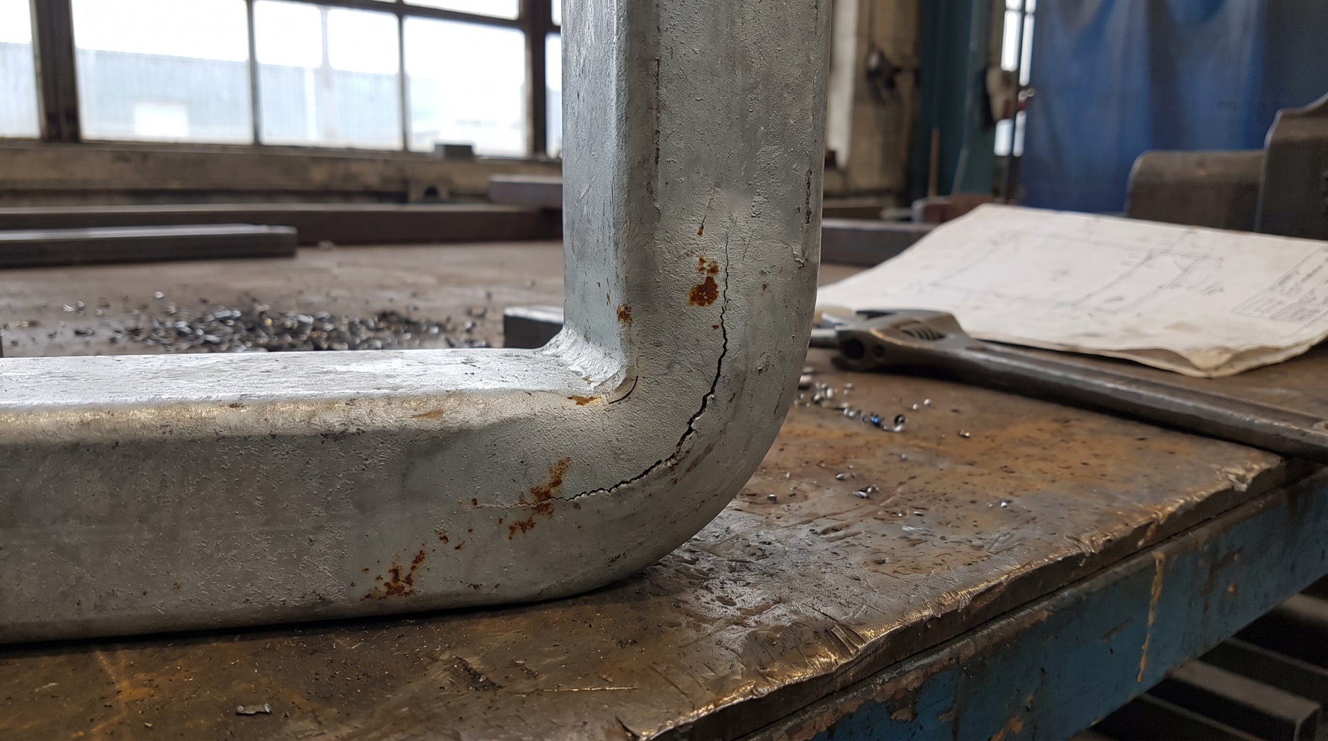 Close-up of cracked steel tube corner joint after hot-dip galvanizing, showing stress fracture at a cold-formed bend on a fabrication shop workbench.
