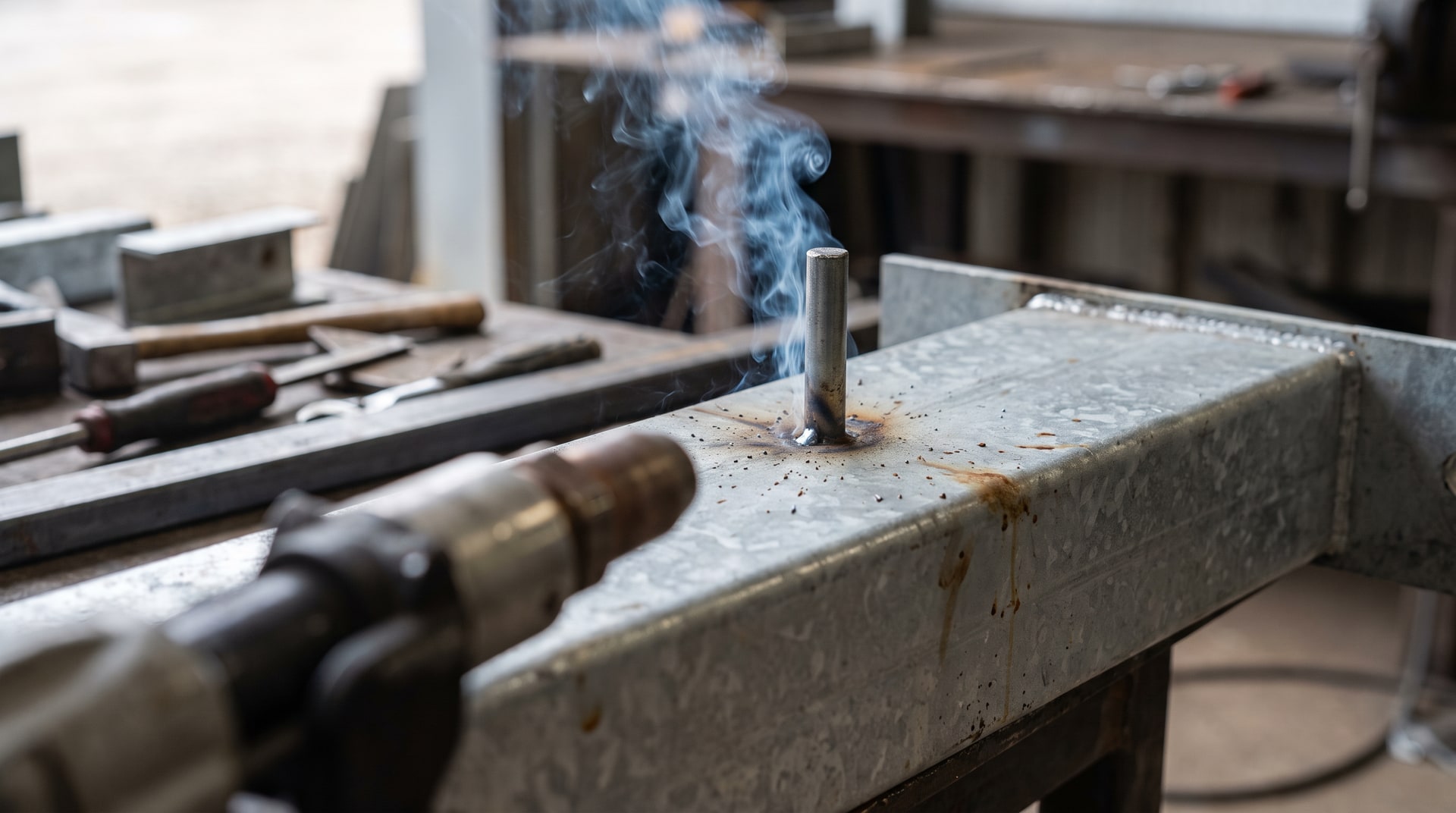 Welder performing electric arc stud welding on a hot-dip galvanized structural steel beam in a fabrication shop, with zinc fume visible around the weld gun.
