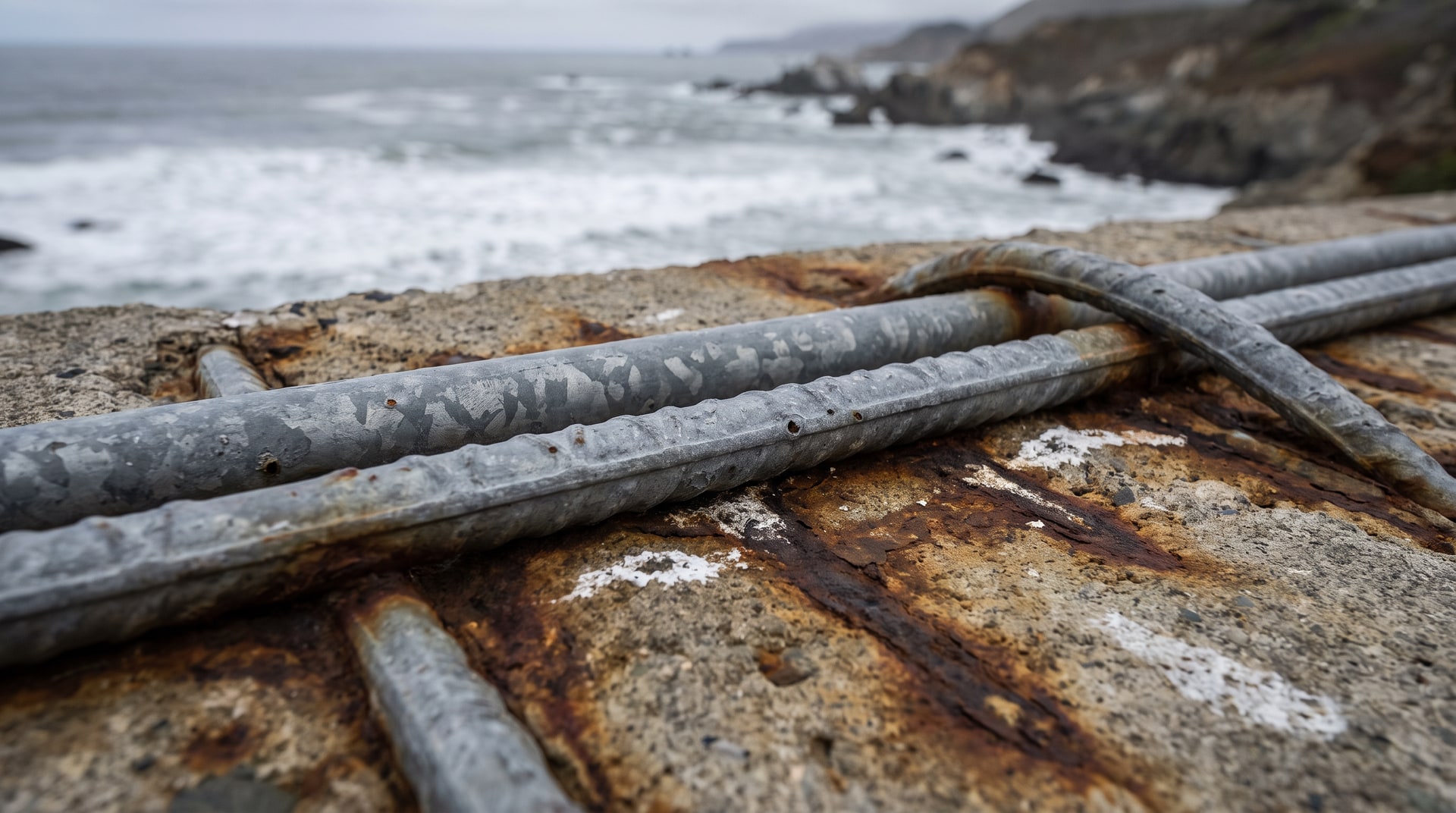 Close-up of hot-dip galvanized steel rebar embedded in a concrete bridge deck near a coastal marine environment, showing the zinc coating surface and concrete matrix interface.