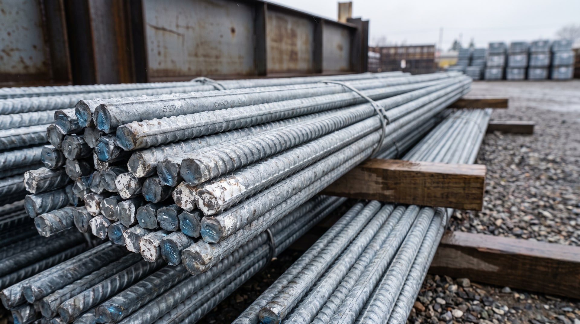 Close-up of hot-dip galvanized steel rebar bundles stacked in an outdoor storage yard, showing the bright zinc coating on the ribbed surface of the reinforcing bars.