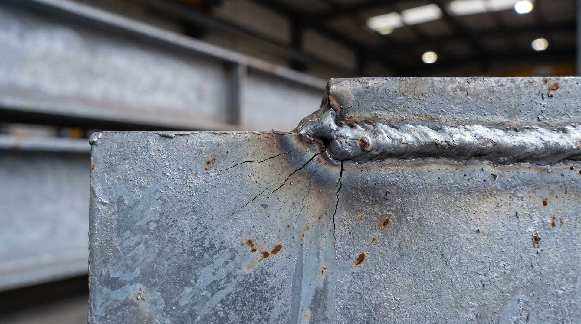 Close-up of visible cracks radiating from weld seams on a hot-dip galvanized steel overhead sign structure, showing brittle fracture in the heat-affected zone under bright industrial lighting.