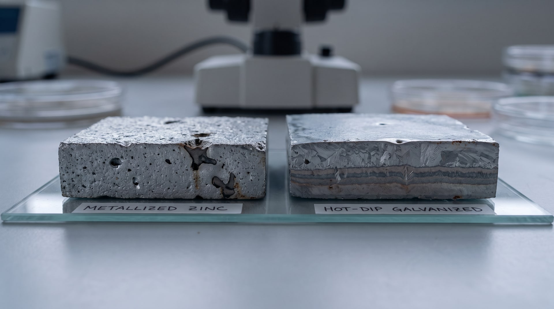 Side-by-side cross-section micrograph of a metallized zinc coating and a hot-dip galvanized coating on structural steel, showing intermetallic alloy layers and porous voids under laboratory magnification.