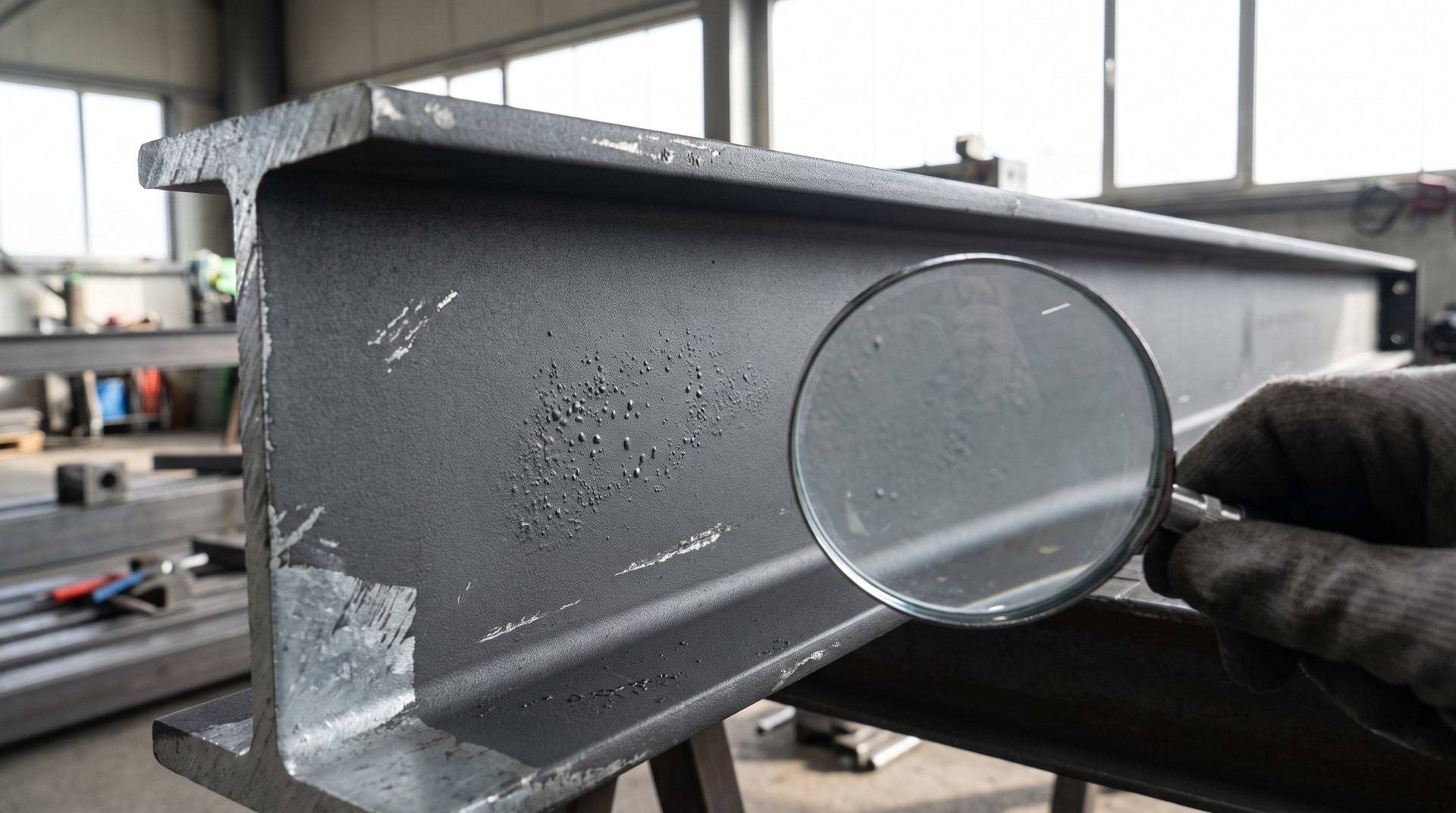 Close-up of a powder-coated galvanized steel structural component being inspected for surface blistering under bright workshop lighting, showing the matte powder coat finish over a zinc-coated base.