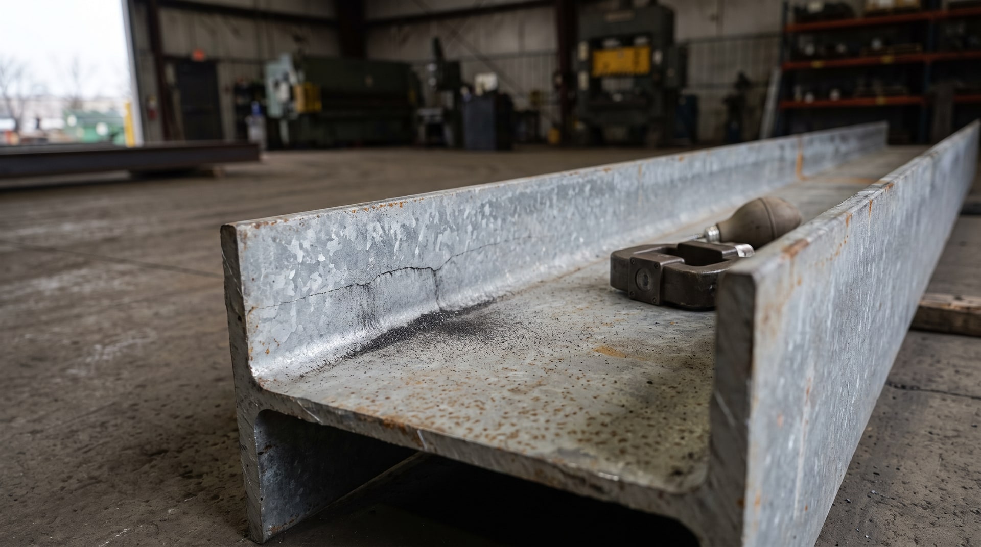 Metallurgist performing magnetic particle testing on a hot-dip galvanized structural I-beam in an industrial inspection facility, with visible cracking along the steel flange.