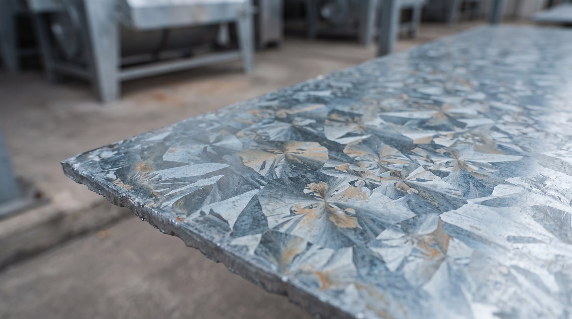 Close-up of a freshly hot-dip galvanized steel plate showing highly spangled zinc surface with visible triangular and flower-shaped crystalline patterns under bright industrial lighting.