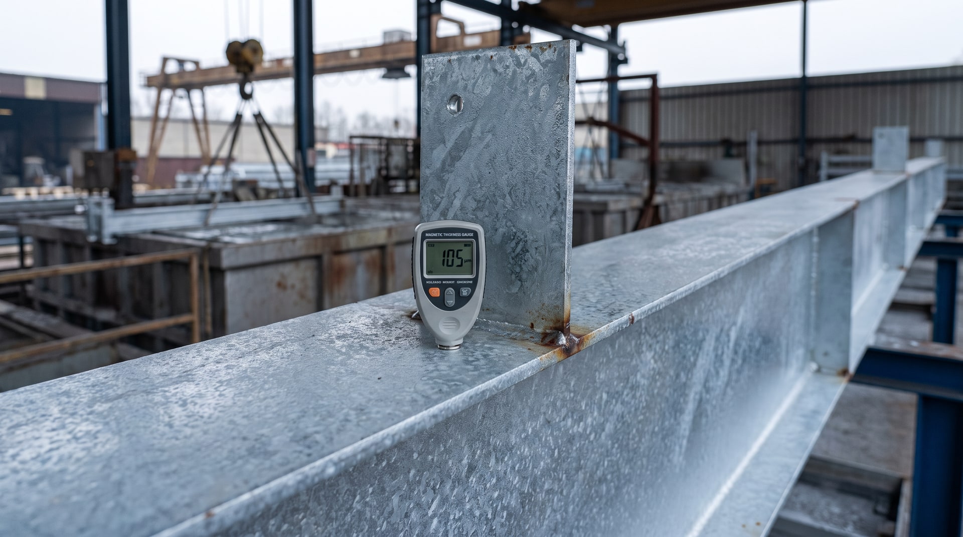 Quality control inspector measuring zinc coating thickness on a fabricated steel structural assembly inside a hot-dip galvanizing facility using a calibrated magnetic gauge.