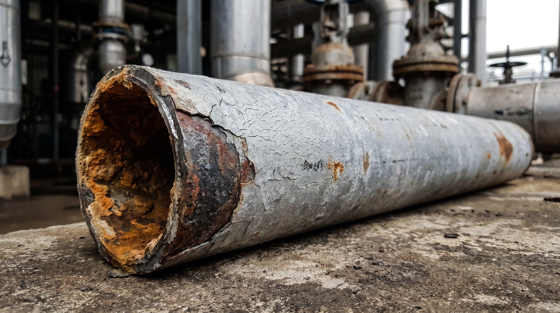 Cross-section of a galvanized steel pipe showing zinc coating layer with visible cracking and steel substrate corrosion damage from hot water exposure in an industrial setting.