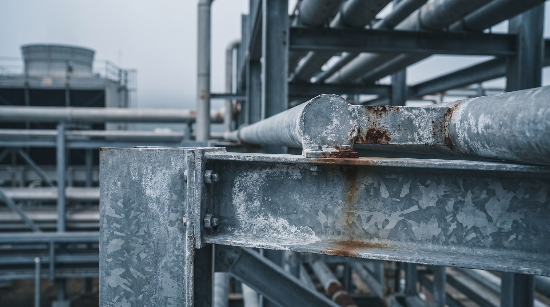 Close-up of a hot-dip galvanized steel pipe rack at an industrial petrochemical facility, showing a thick silver-gray zinc coating with surface patina in a coastal industrial environment.