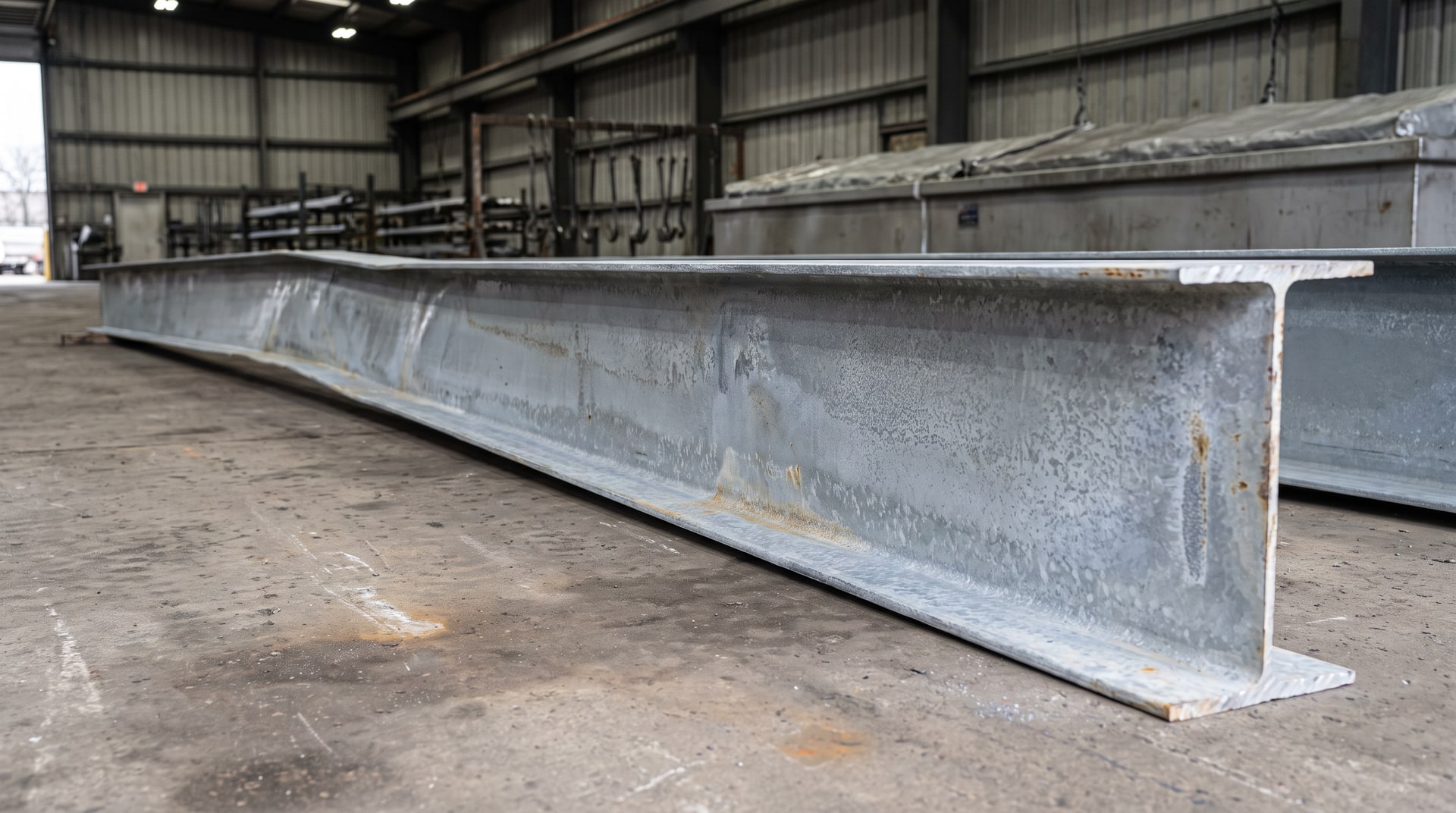 A visibly warped wide-flange steel beam resting on a concrete floor inside a galvanizing plant, showing lateral bow along the length of the web and flanges after hot-dip galvanizing.