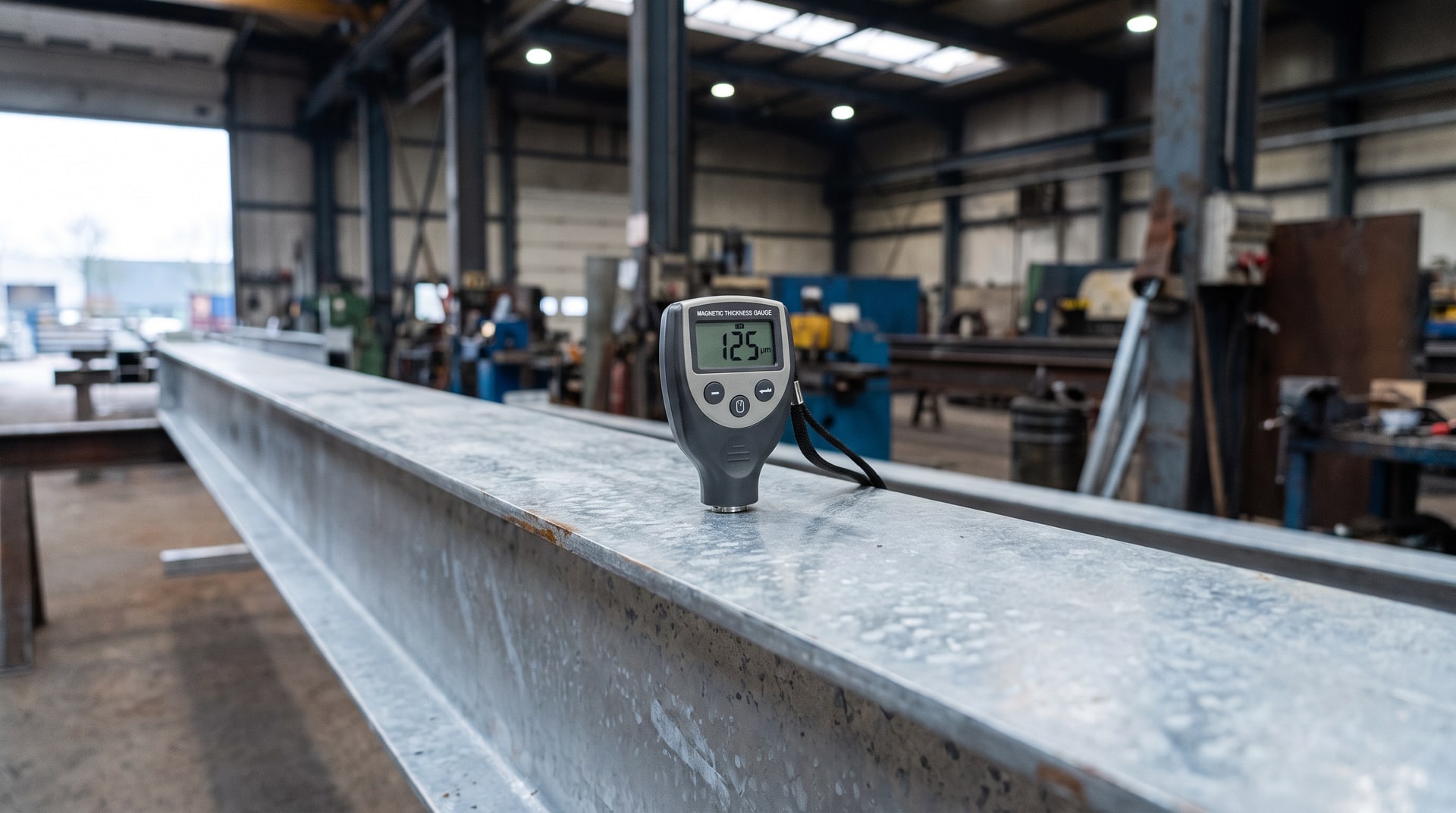 Inspector using a handheld magnetic thickness gauge to measure zinc coating on a hot-dip galvanized structural steel beam inside a fabrication facility with industrial lighting.