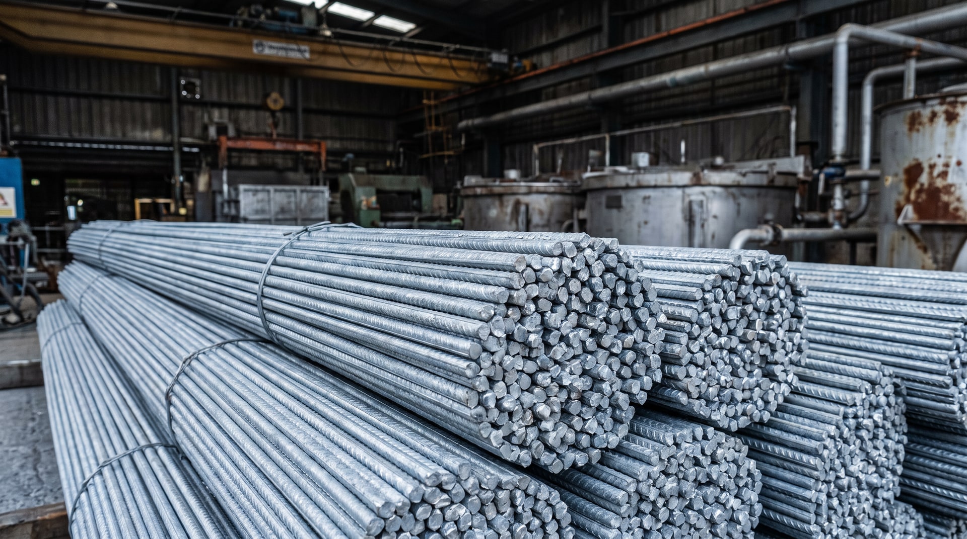 Close-up of hot-dip galvanized rebar bundles with a bright zinc coating surface, stacked in a galvanizing plant with industrial equipment visible in the background.