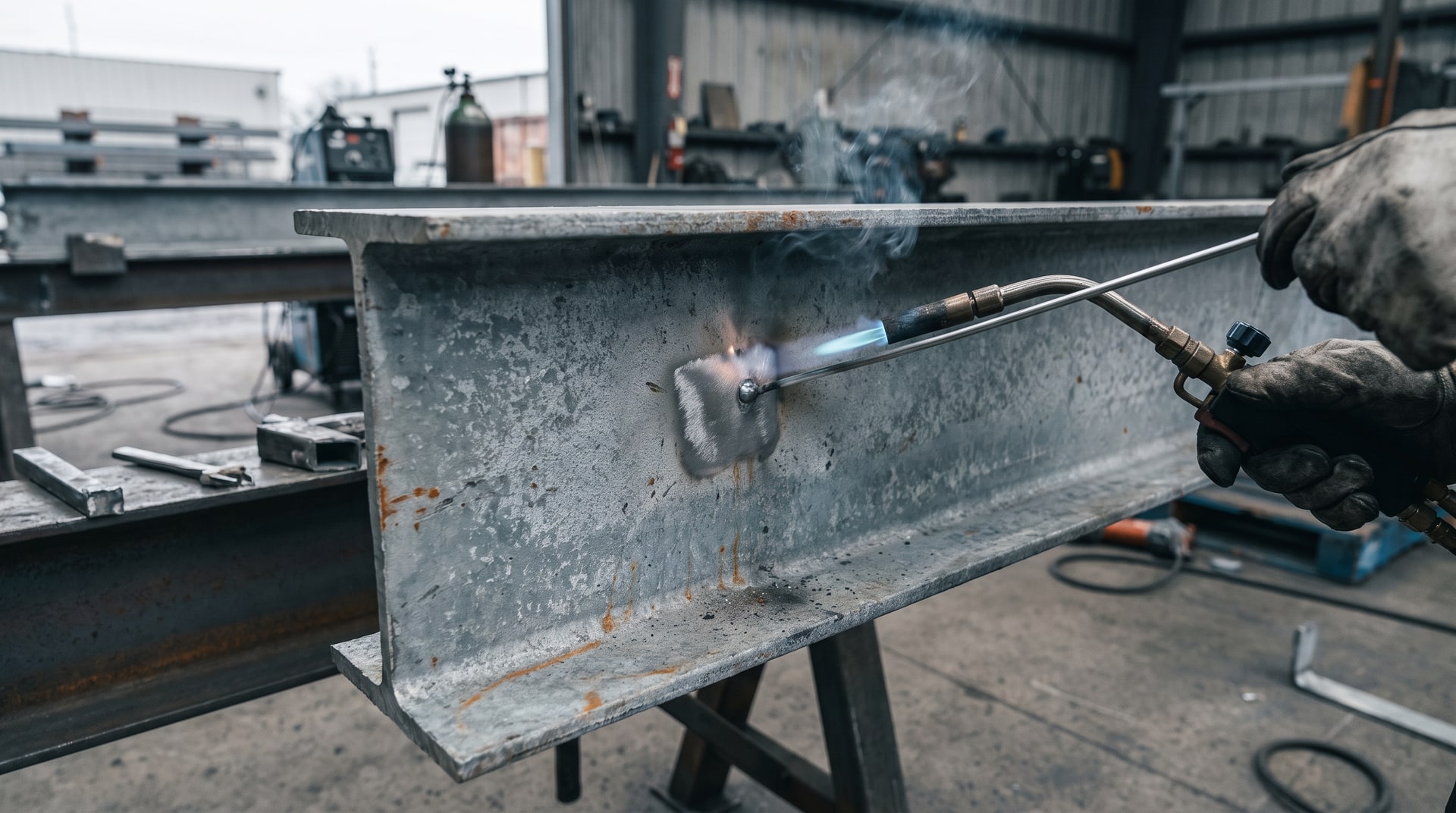 Technician applying zinc-based solder to a bare spot on a hot-dip galvanized I-beam in an industrial fabrication facility, with a propane torch and solder rod visible.