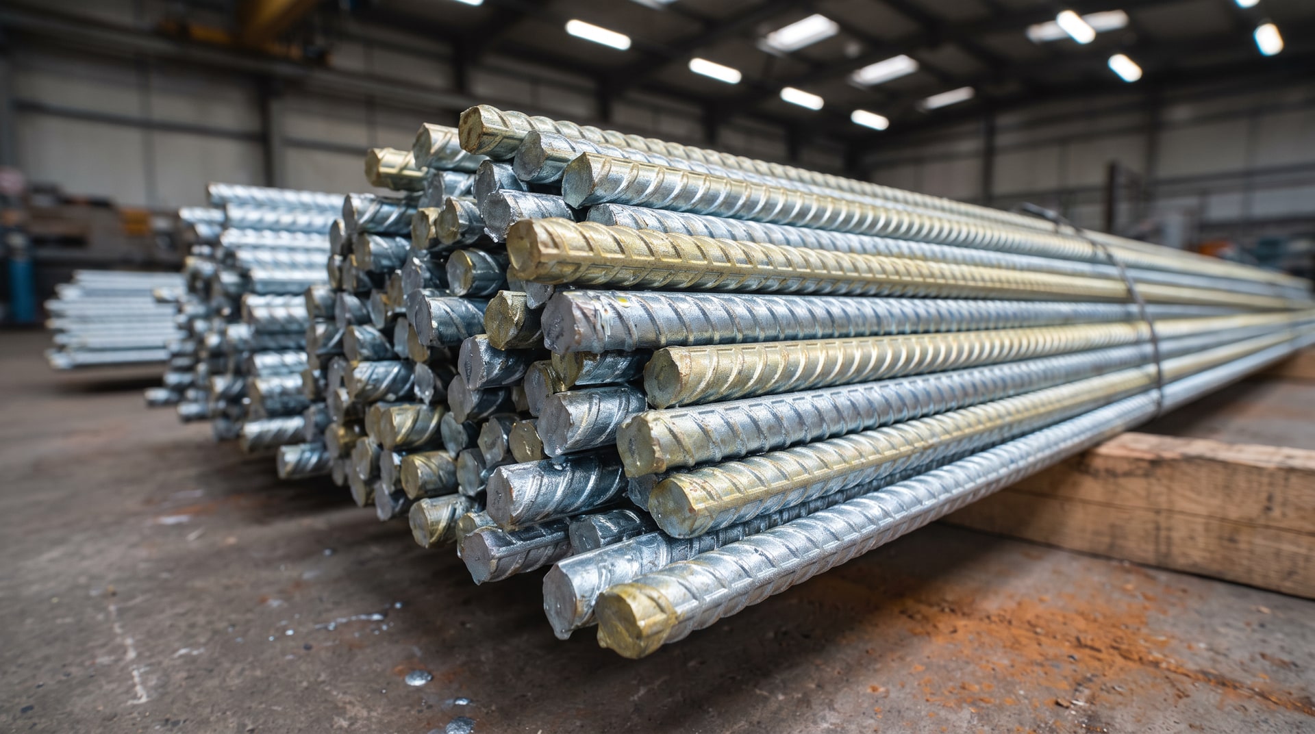 Close-up of freshly galvanized reinforcing steel rebar with a yellow chromate passivation coating, stacked horizontally in an industrial galvanizing facility under overhead lighting.