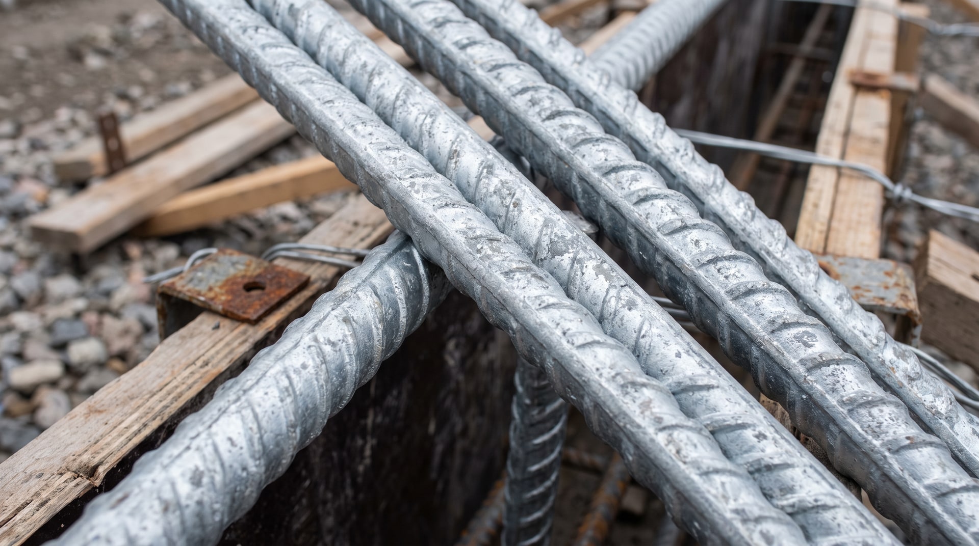 Close-up of hot-dip galvanized deformed rebar being placed in a concrete formwork on a construction site, showing the bright zinc coating on ribbed steel bars.
