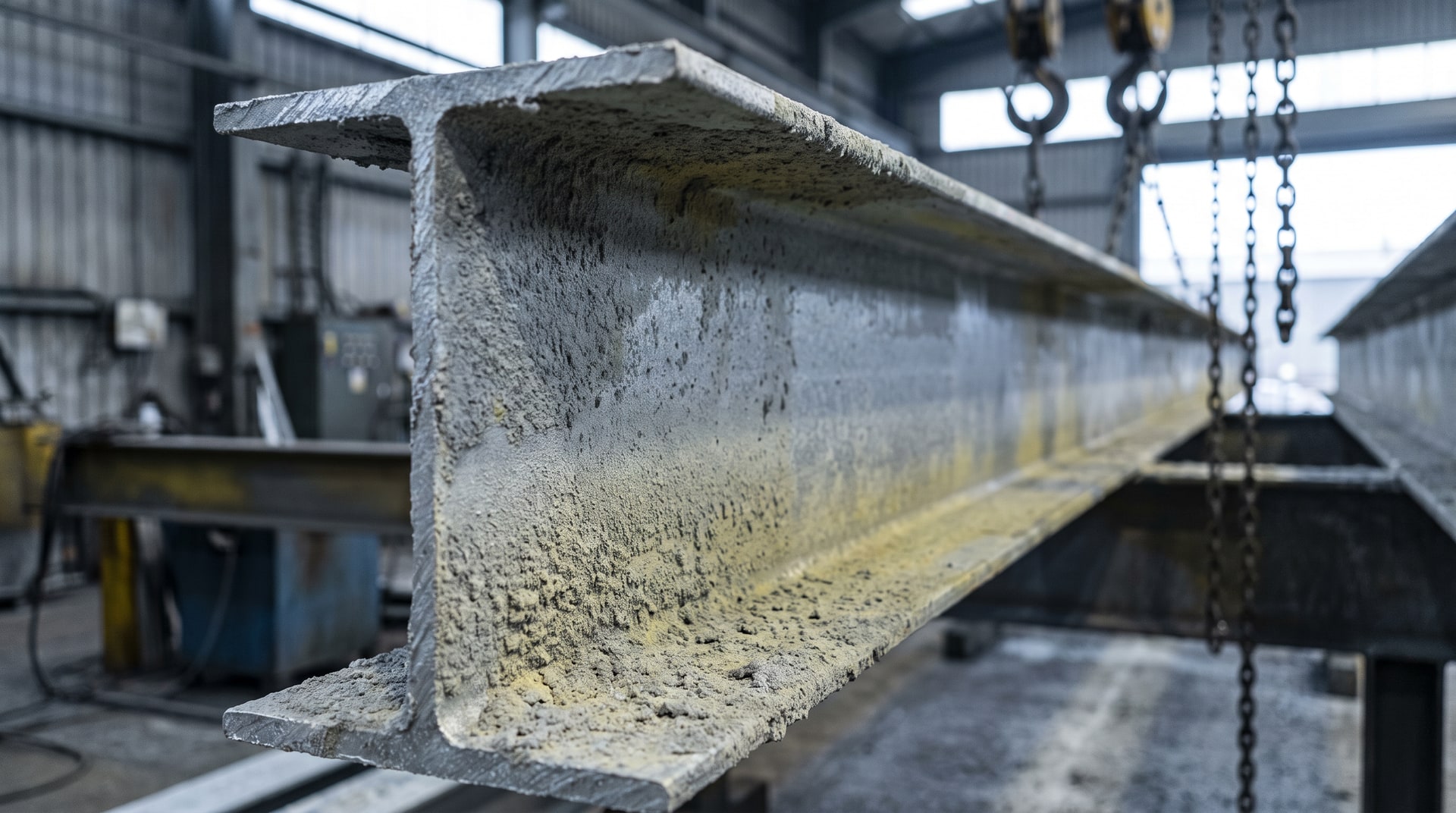 Close-up of a freshly galvanized steel structural member showing a gray-yellowish skimming deposit on the zinc surface inside an industrial galvanizing facility.