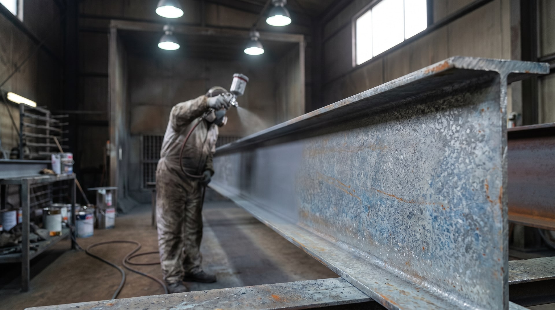 Worker applying primer coat to a hot-dip galvanized structural steel beam in an industrial paint shop, with visible zinc coating surface texture under bright overhead lighting.