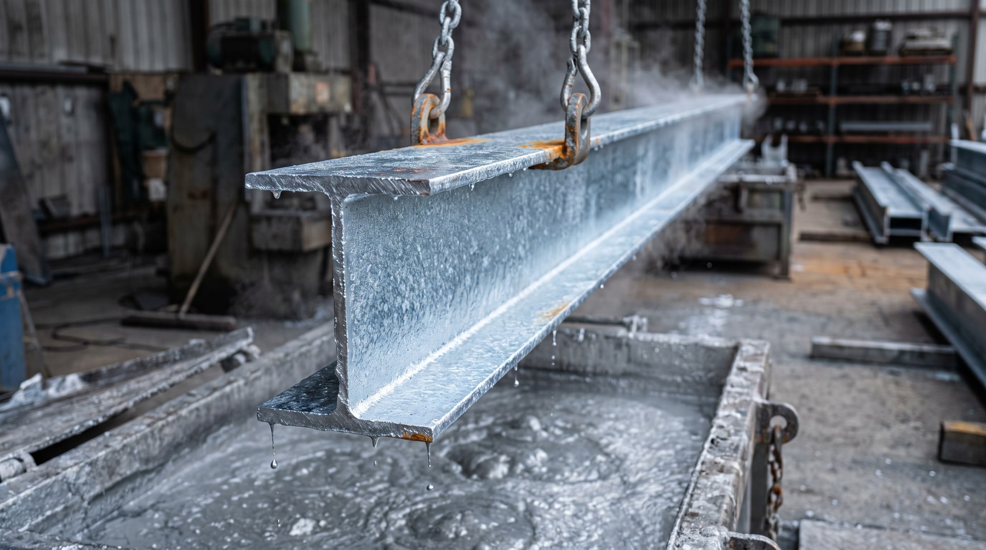 Close-up of a hot-dip galvanized structural steel wide-flange beam freshly withdrawn from a zinc kettle in an industrial galvanizing plant, with zinc drips and a bright metallic coating visible on the flange surfaces.