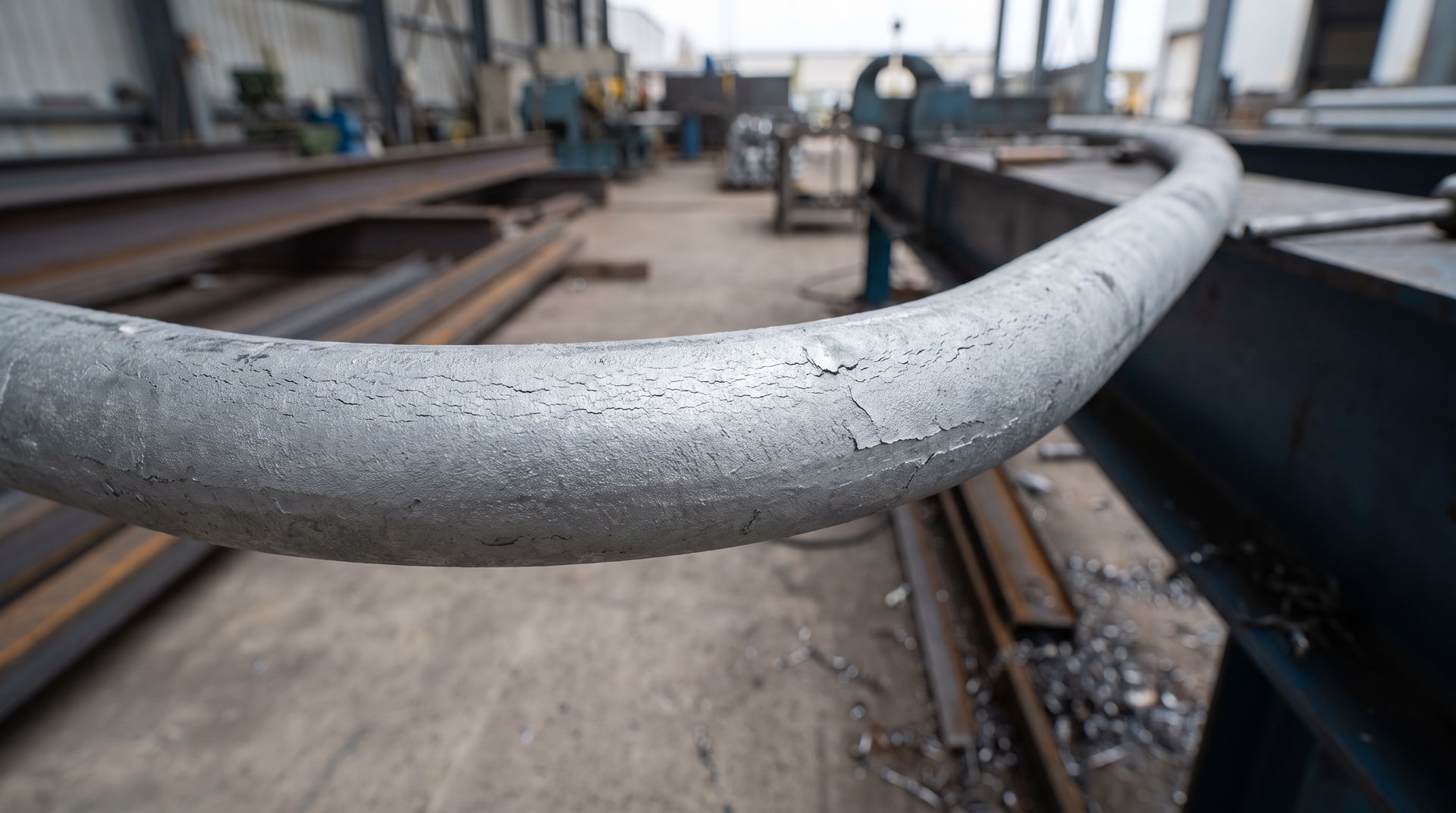 Close-up of a bent steel reinforcing bar with a hot-dip galvanized zinc coating showing slight cracking along the outer radius of the bend in an industrial fabrication setting.