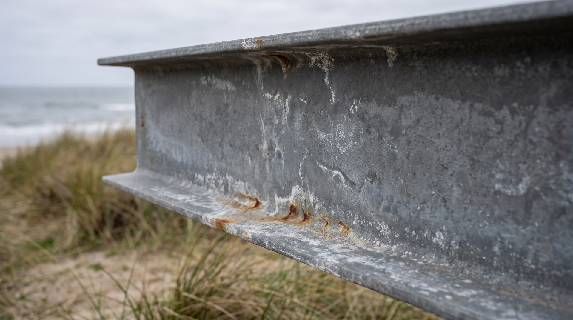Close-up of a hot-dip galvanized steel structural beam showing a matte gray zinc carbonate patina surface in an outdoor coastal environment with visible salt air exposure.