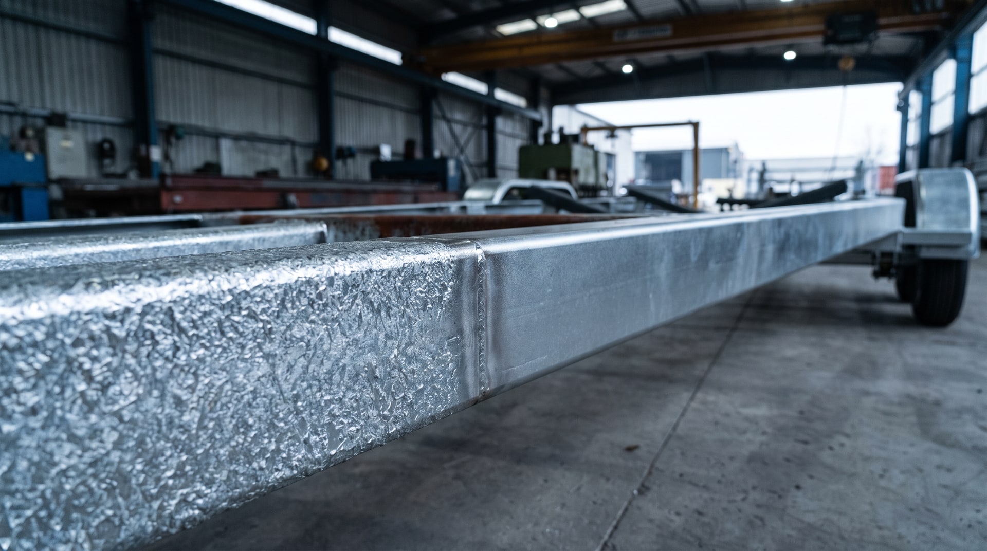 Close-up of a rough, thick galvanized coating on a welded steel boat trailer section in a galvanizing plant, showing textured zinc surface next to a smooth adjacent section.