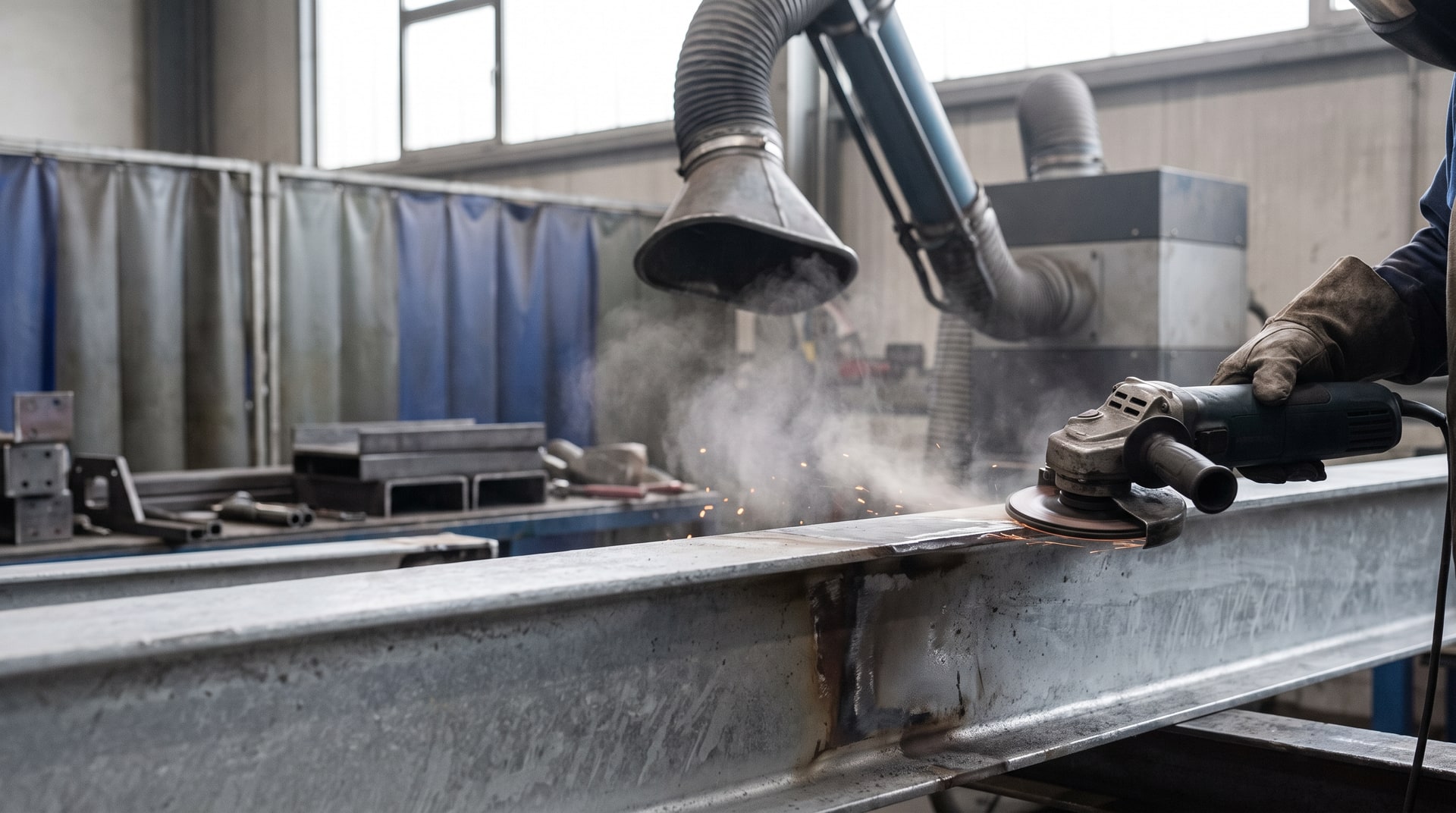 Welder in full protective gear grinding zinc coating off a hot-dip galvanized steel beam in a fabrication shop before welding, with fume extraction equipment visible in the background.