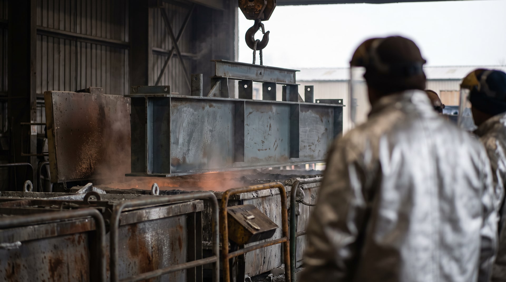 Steel fabrications being lowered by overhead crane into a molten zinc kettle inside a hot-dip galvanizing plant, with workers in protective gear monitoring the immersion process.