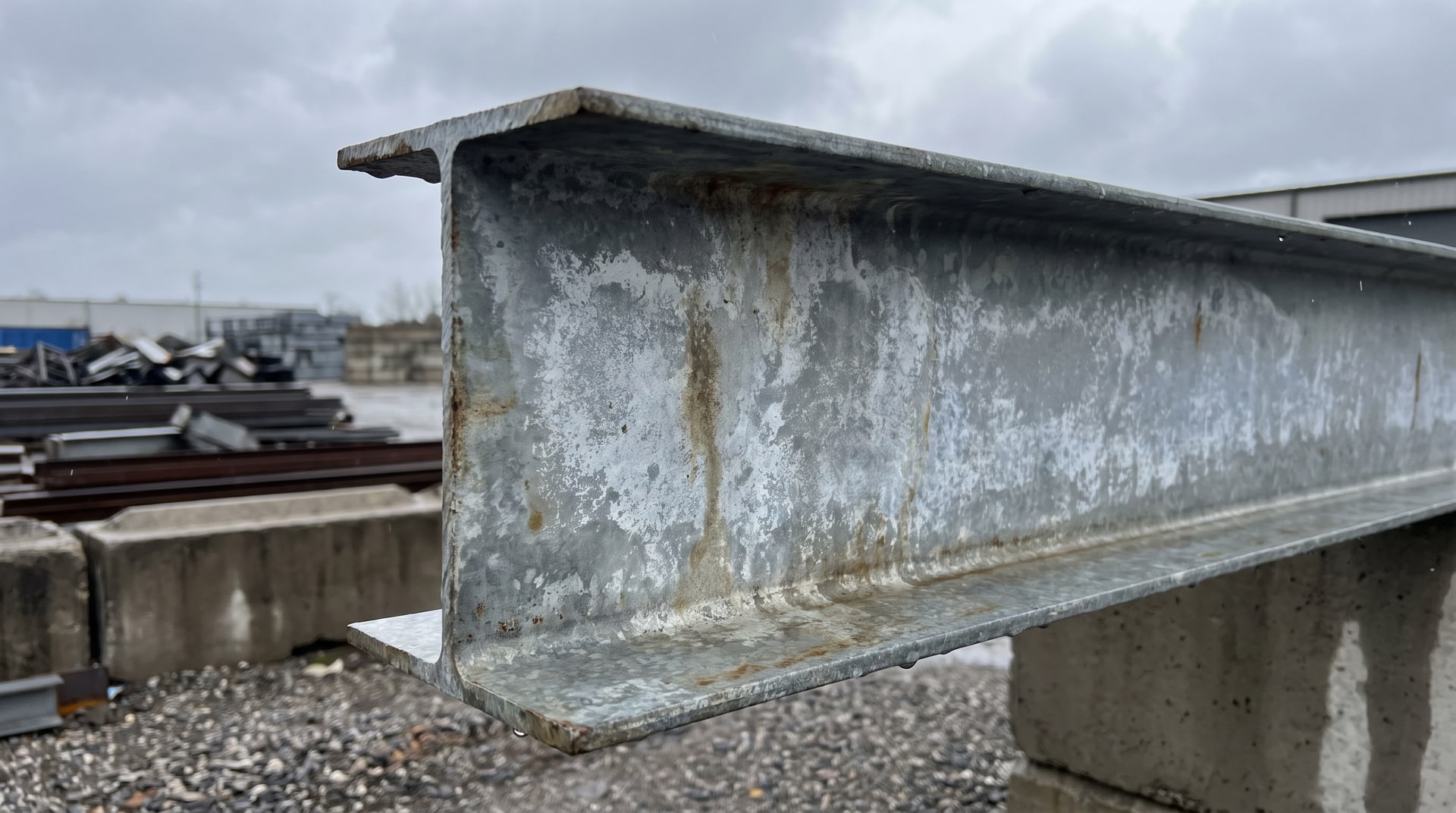 Close-up of a hot-dip galvanized structural steel beam showing weathered zinc patina surface in an outdoor industrial environment with overcast sky suggesting acidic atmospheric conditions.