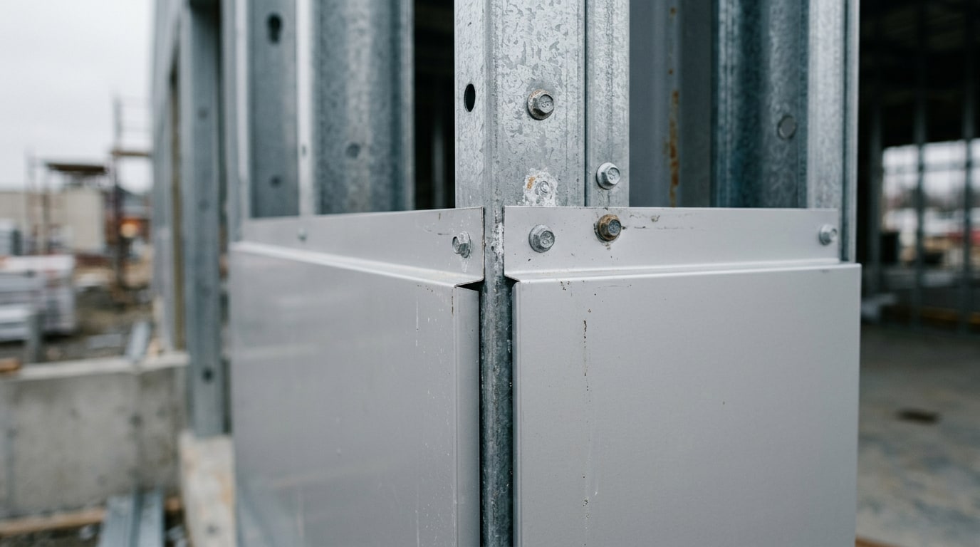 Close-up of galvanized steel structural studs connected to aluminum sheet panels on a commercial building exterior, showing the metal-to-metal contact joint in natural daylight.