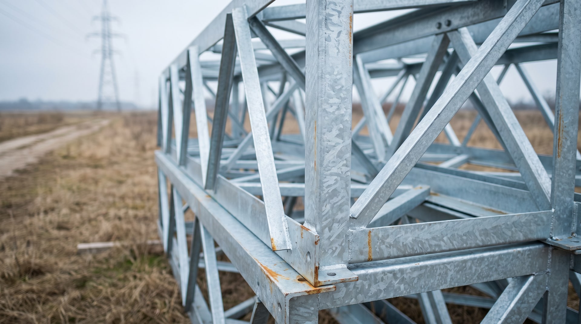 Newly galvanized steel transmission tower lattice members showing a bright silver zinc coating surface in an open rural landscape under direct sunlight.