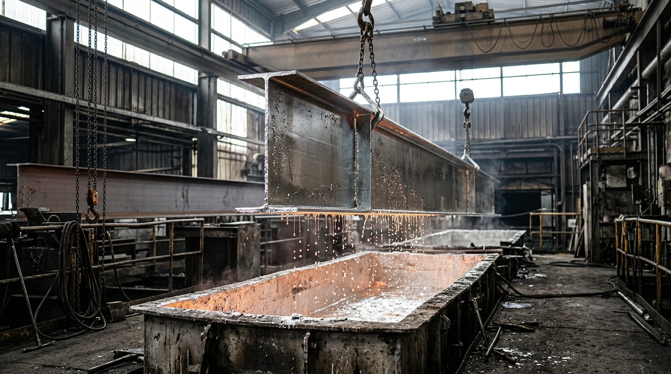 Steel structural beam being withdrawn from a molten zinc galvanizing kettle inside an industrial galvanizing plant, with molten zinc dripping from the surface under bright overhead lighting.