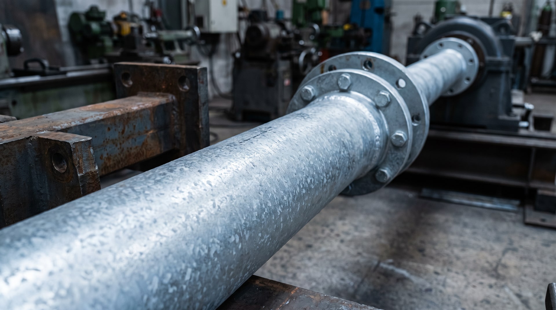 Close-up of a hot-dip galvanized steel shaft and drive mechanism components showing the bright zinc coating surface in an industrial fabrication setting.