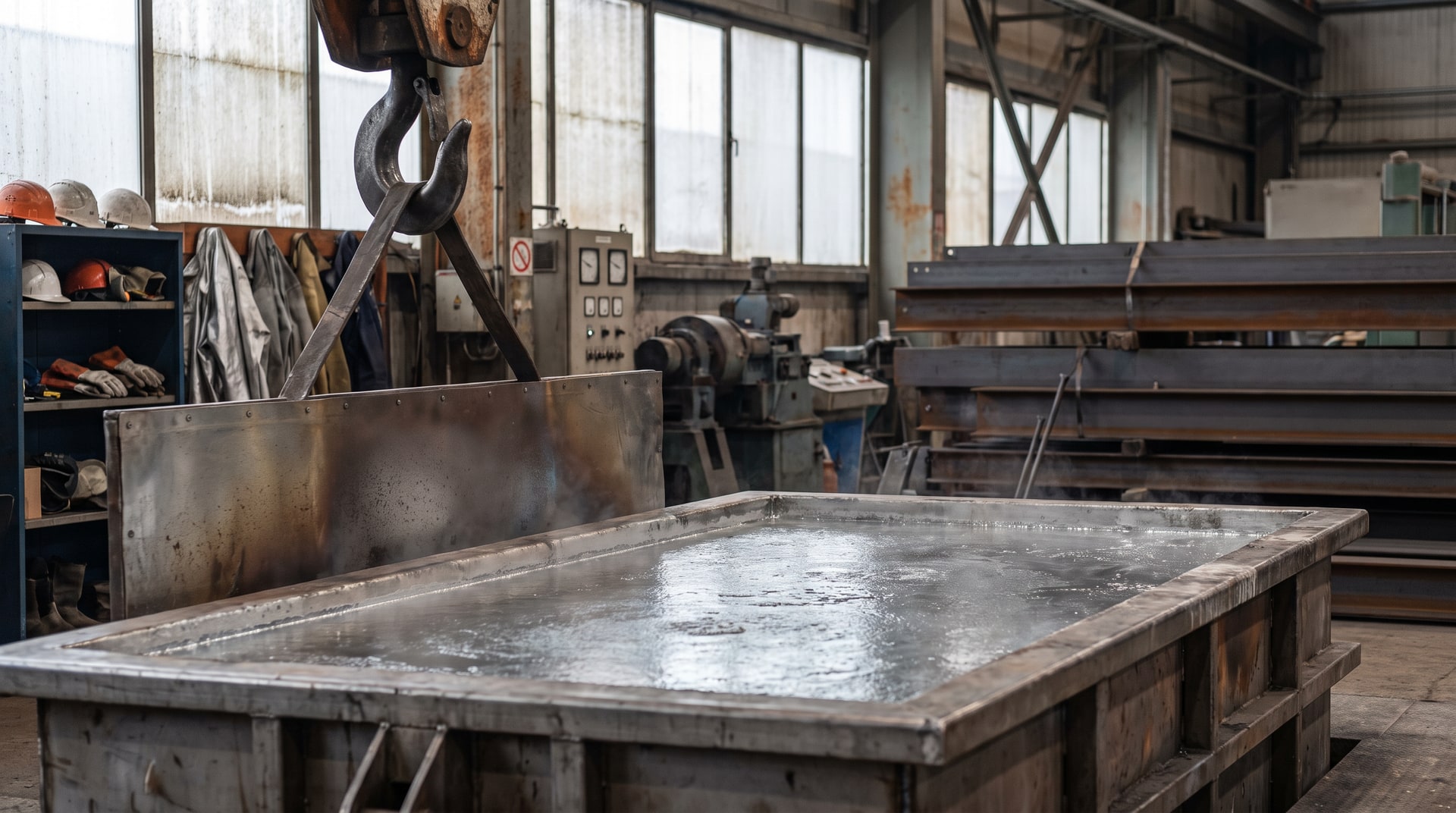 Workers in a galvanizing plant observing a large steel kettle filled with molten zinc during a startup procedure, with industrial equipment and safety gear visible in the background.