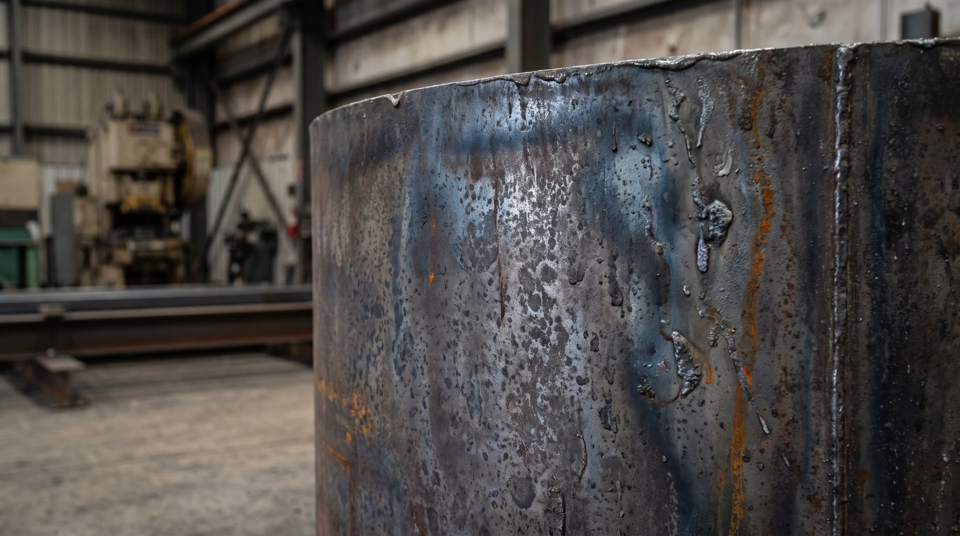 Close-up of the exterior sidewall of a large steel galvanizing kettle inside an industrial plant, showing surface discoloration and heat exposure marks from prolonged zinc immersion.