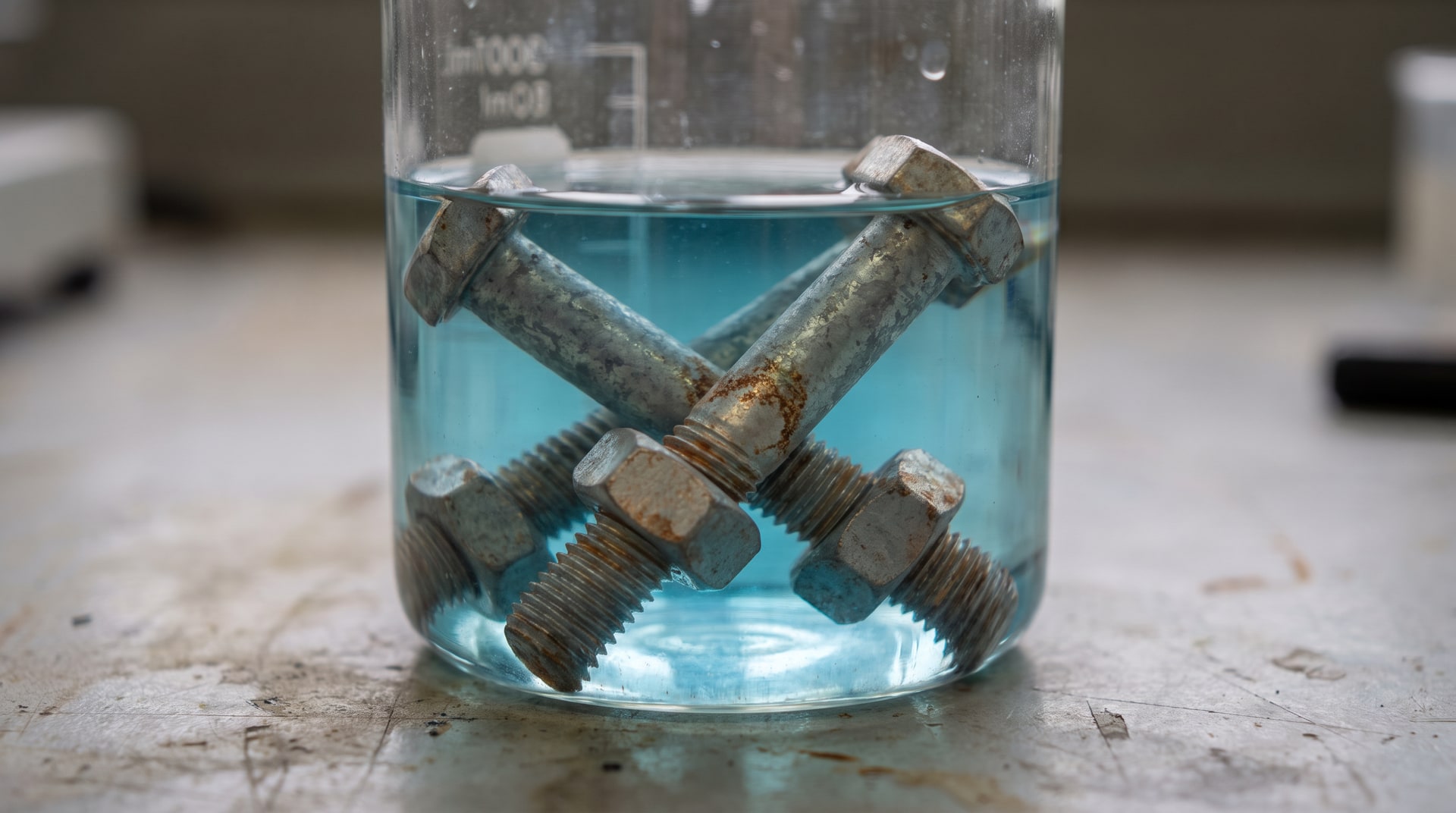 Close-up of galvanized steel bolts and nuts submerged in a copper sulfate solution in a laboratory test vessel, showing the testing process for zinc coating quality.