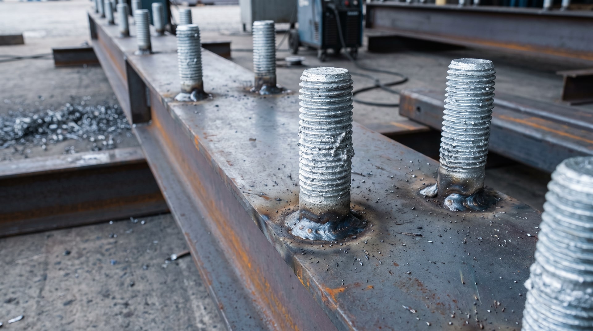 Close-up of galvanized threaded studs welded to a structural steel beam showing zinc coating on threads in a fabrication shop setting.