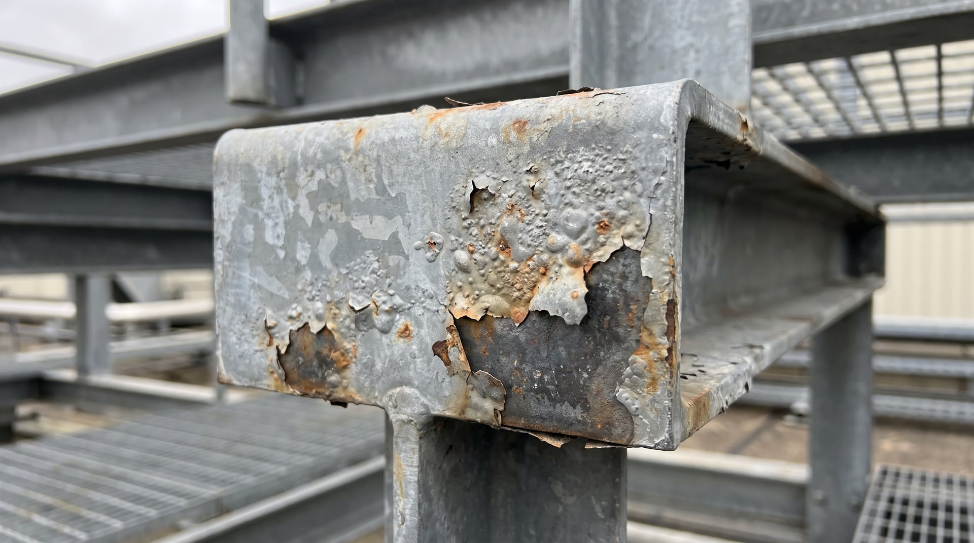 Close-up of a galvanized steel support bracket showing peeling and flaking zinc coating surface damage caused by sustained high-temperature furnace exposure.