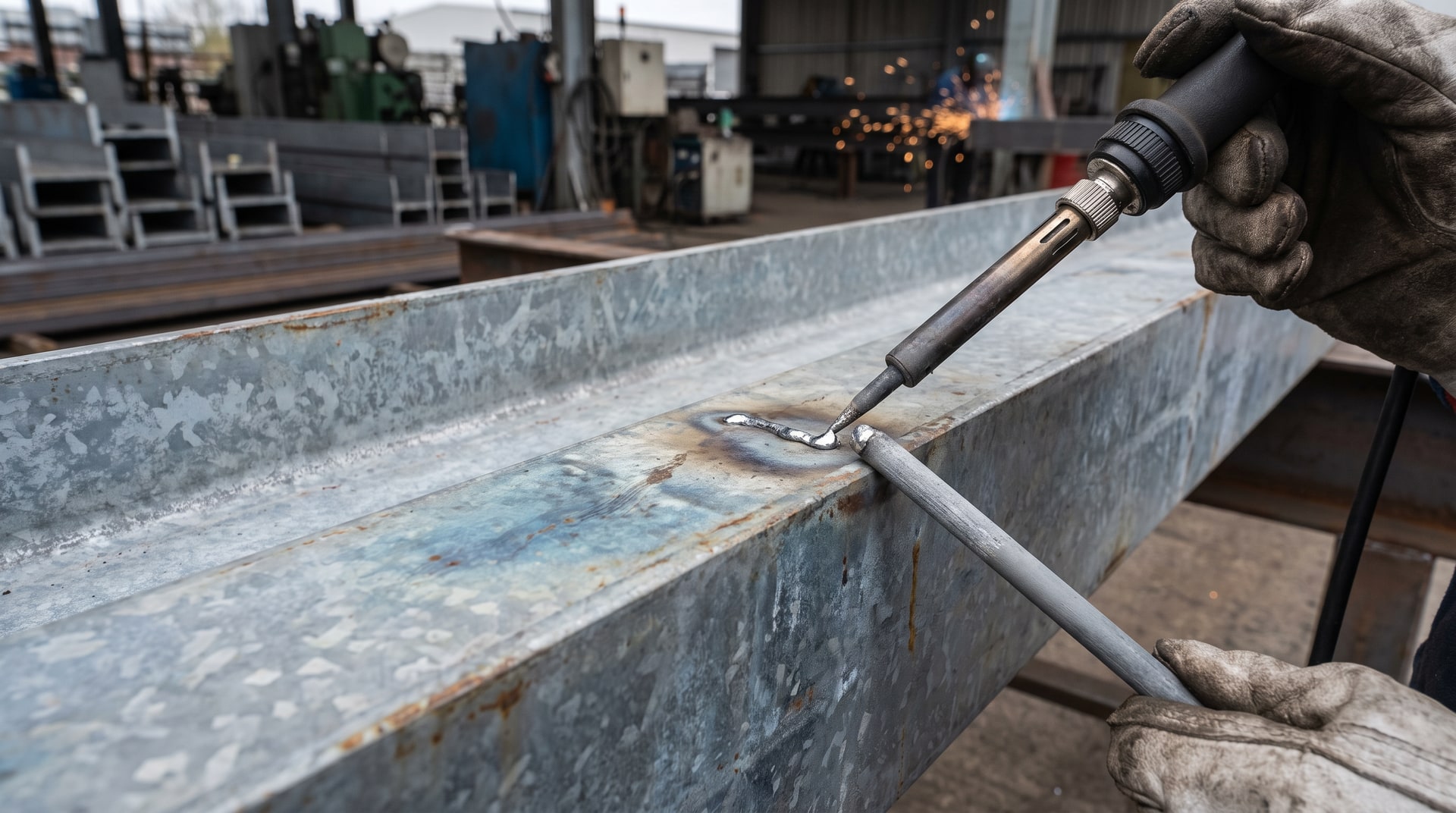Galvanizing technician applying a zinc solder touch-up rod to a damaged area on a hot-dip galvanized steel beam inside an industrial fabrication shop.