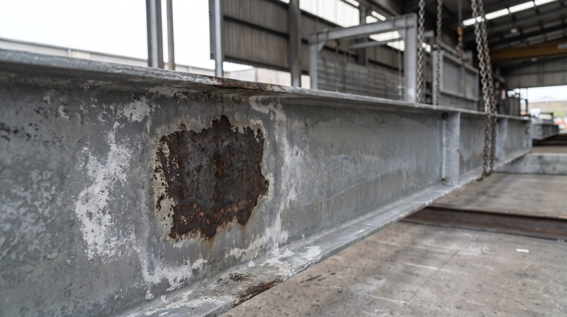 Close-up of a bare uncoated spot on a hot-dip galvanized steel structural member showing exposed steel surface surrounded by intact zinc coating in an industrial galvanizing facility.
