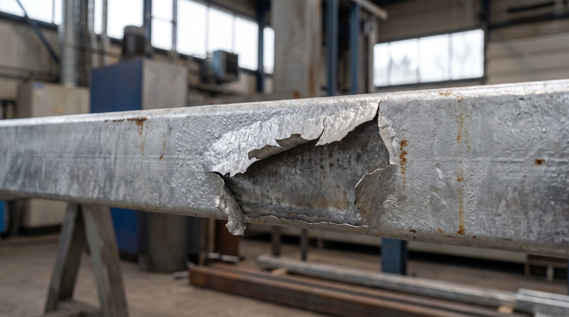 Close-up of a hot-dip galvanized steel surface showing a section of separated zinc coating with distinct edges peeling away from the intermetallic layers, photographed under bright industrial lighting in a galvanizing facility.