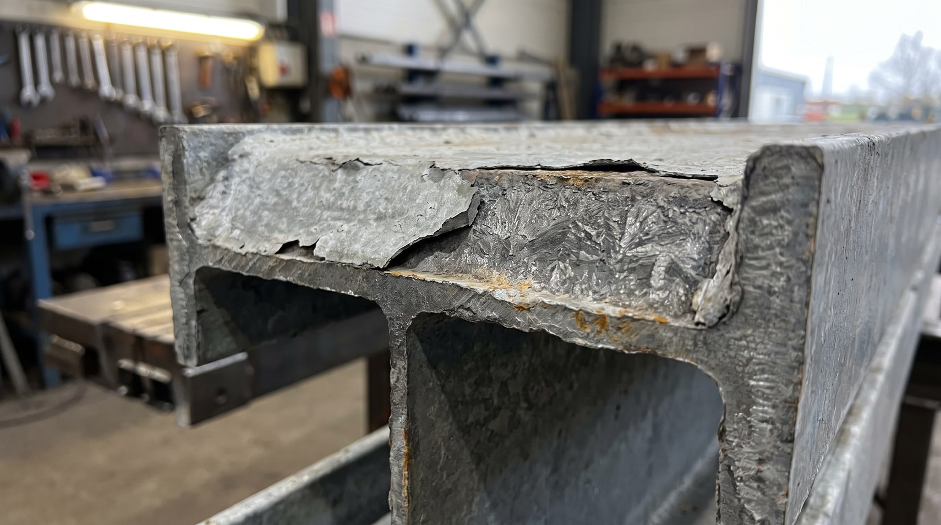 Close-up of a galvanized steel structural member showing a localized area where the outer zinc layer has peeled away, revealing the intermetallic alloy layers beneath, photographed under bright workshop lighting.