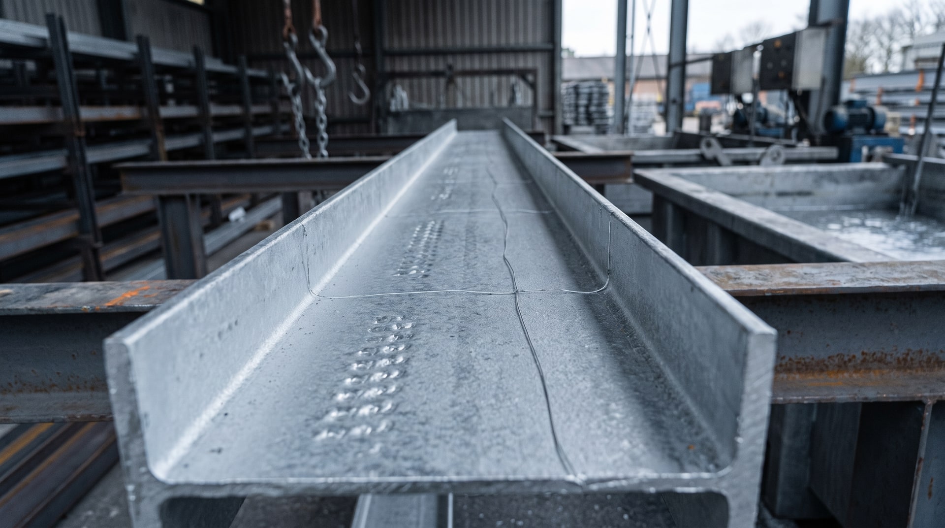 Close-up of a hot-dip galvanized steel structural member showing visible chain impression marks across the zinc coating surface inside a galvanizing plant.