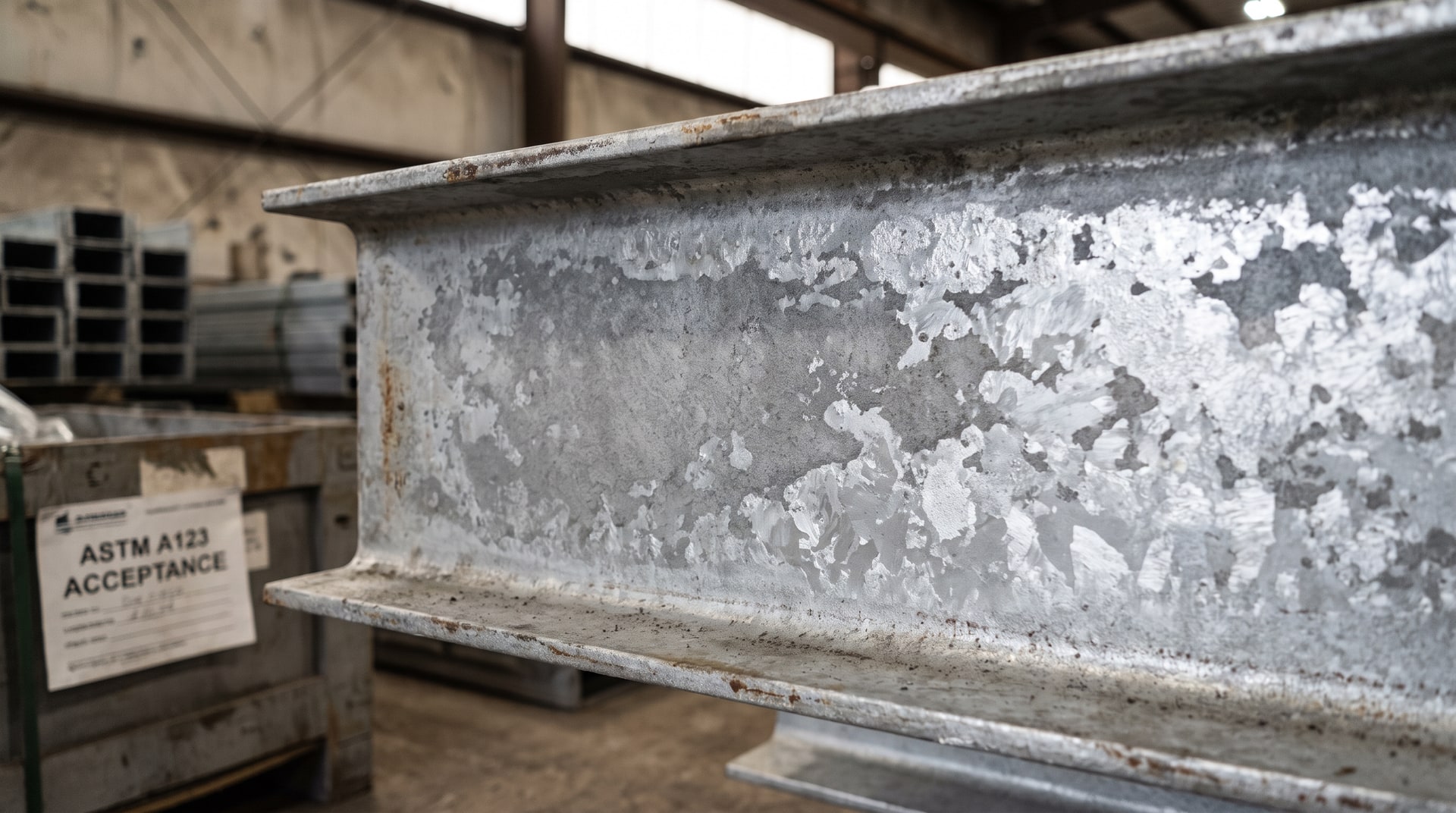 Close-up of a freshly hot-dip galvanized structural steel beam showing a mottled zinc surface with contrasting dull gray and bright silver areas under industrial plant lighting.