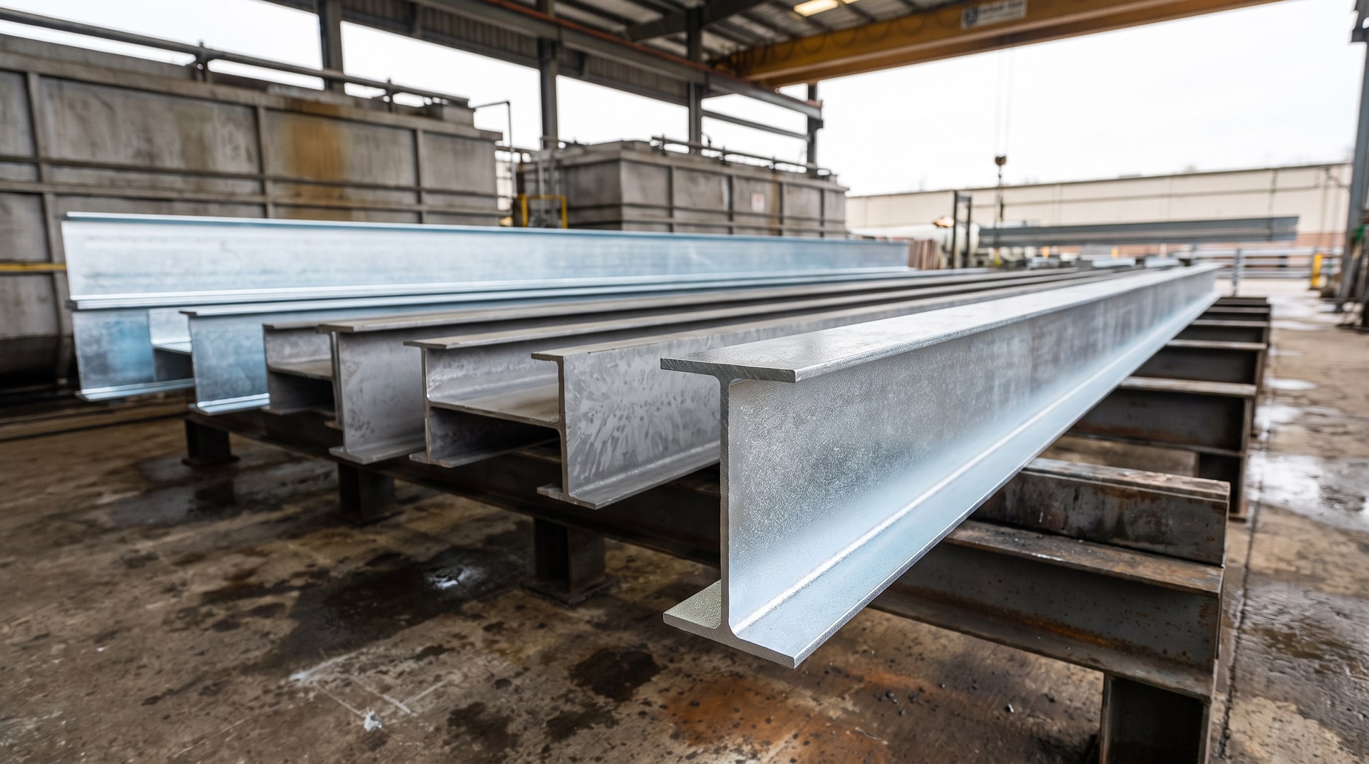 Freshly galvanized structural steel components racked on a dip frame inside a galvanizing plant, showing varied surface finishes ranging from bright silver to matte gray on adjacent pieces.