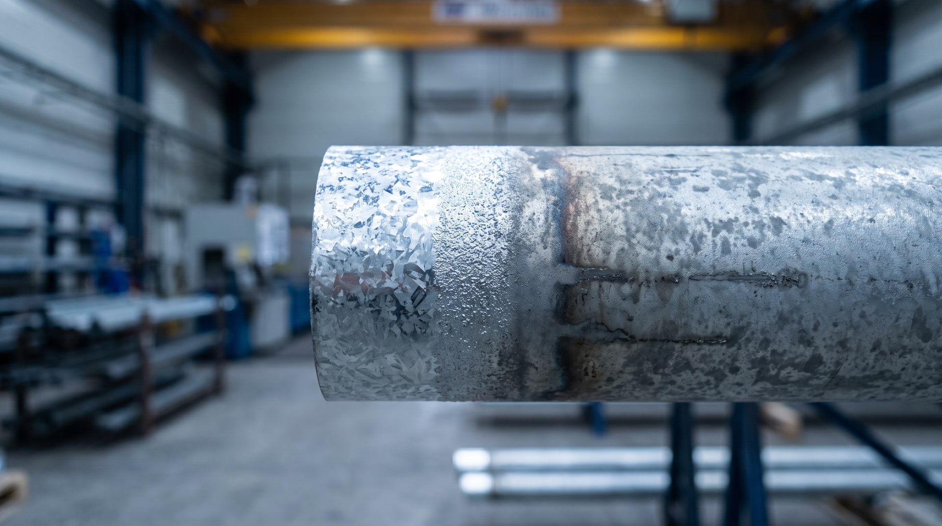 Close-up of a freshly hot-dip galvanized steel tube showing contrasting shiny and dull gray surface zones side by side under bright industrial lighting in a galvanizing plant.