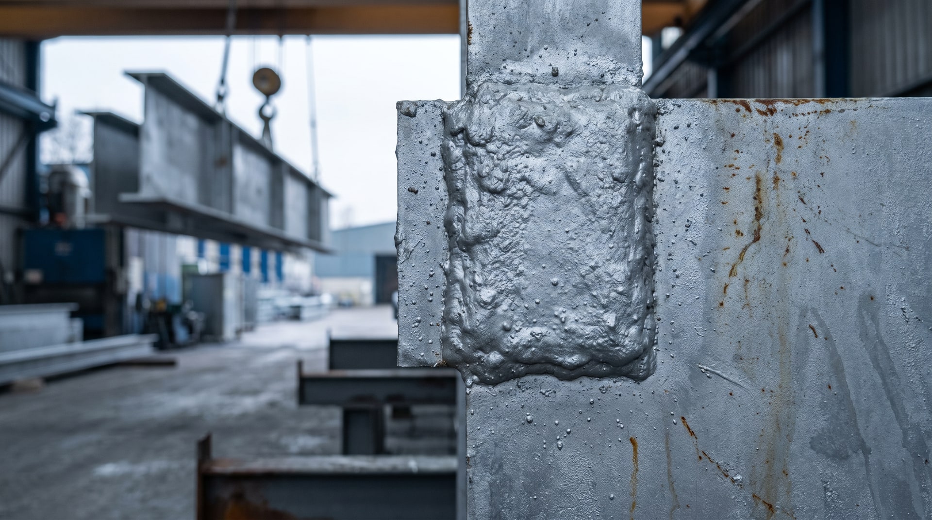 Close-up of a freshly galvanized structural steel weld joint showing a raised, thickened zinc coating around the weld bead on a flat steel plate inside a galvanizing plant.