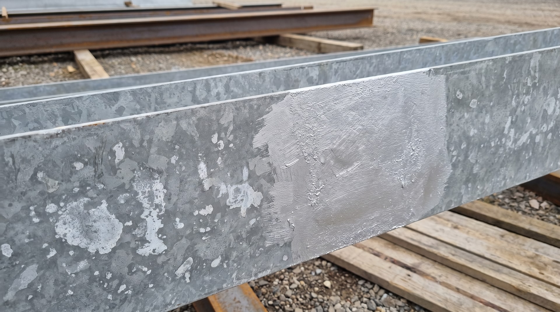Close-up of a hot-dip galvanized steel structural beam outdoors showing a matte gray weathered zinc patina alongside a freshly repaired area with zinc-rich paint, in a construction site setting.