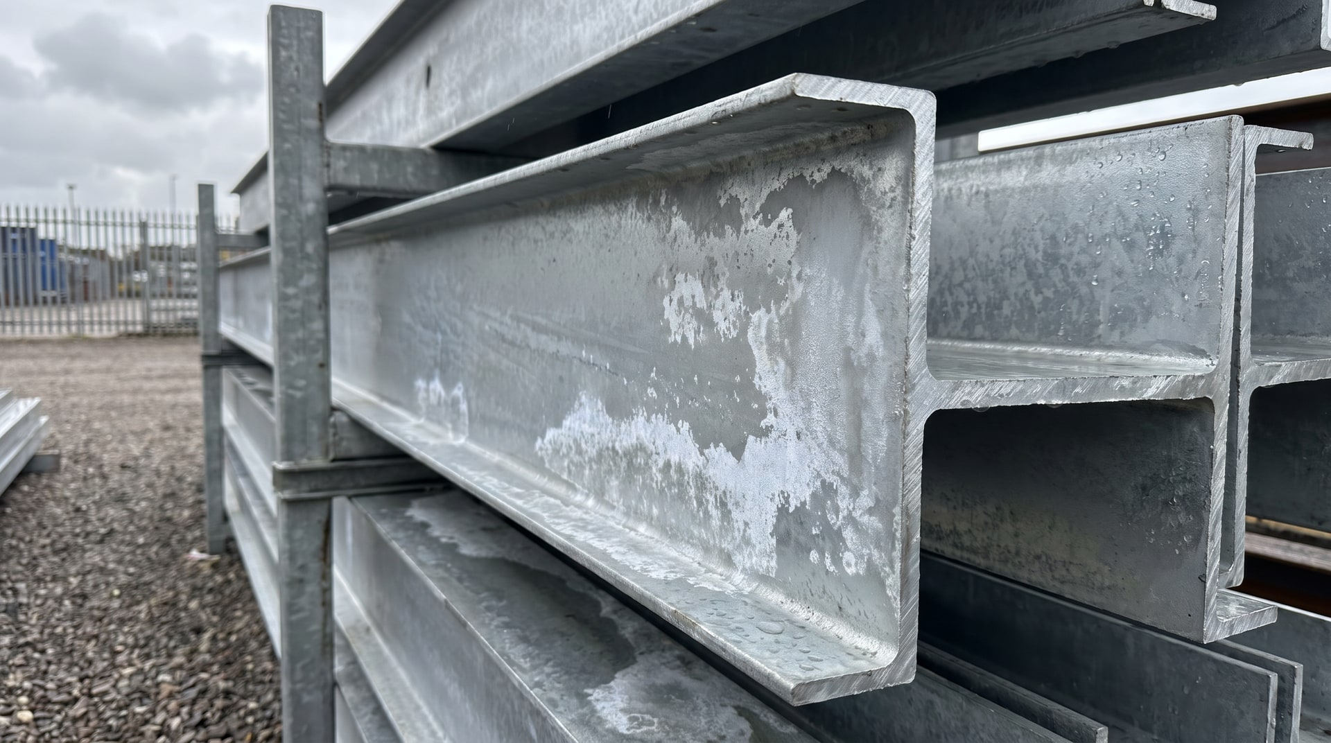 Newly galvanized structural steel members stacked tightly on a storage rack outdoors, showing patches of white powdery wet storage stain on the zinc surface.