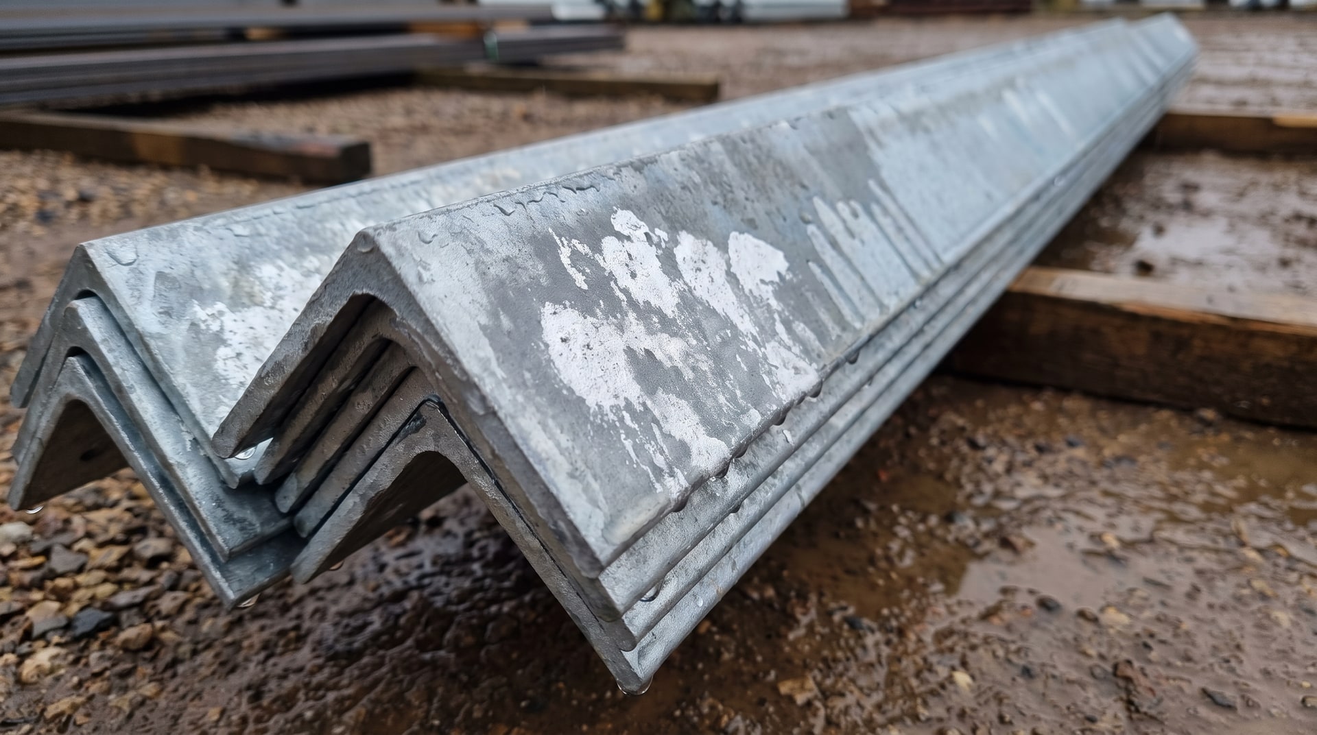 Close-up of newly galvanized steel angle iron showing white powdery wet storage stain on the zinc surface, stacked tightly in an outdoor storage yard after rain.