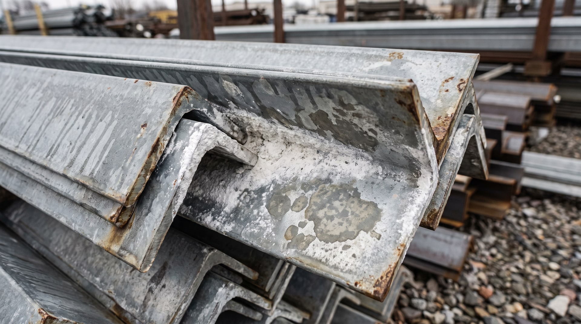Close-up of wet storage stain on stacked hot-dip galvanized steel angle iron showing white powdery zinc oxide deposits between overlapping surfaces in an outdoor storage yard.