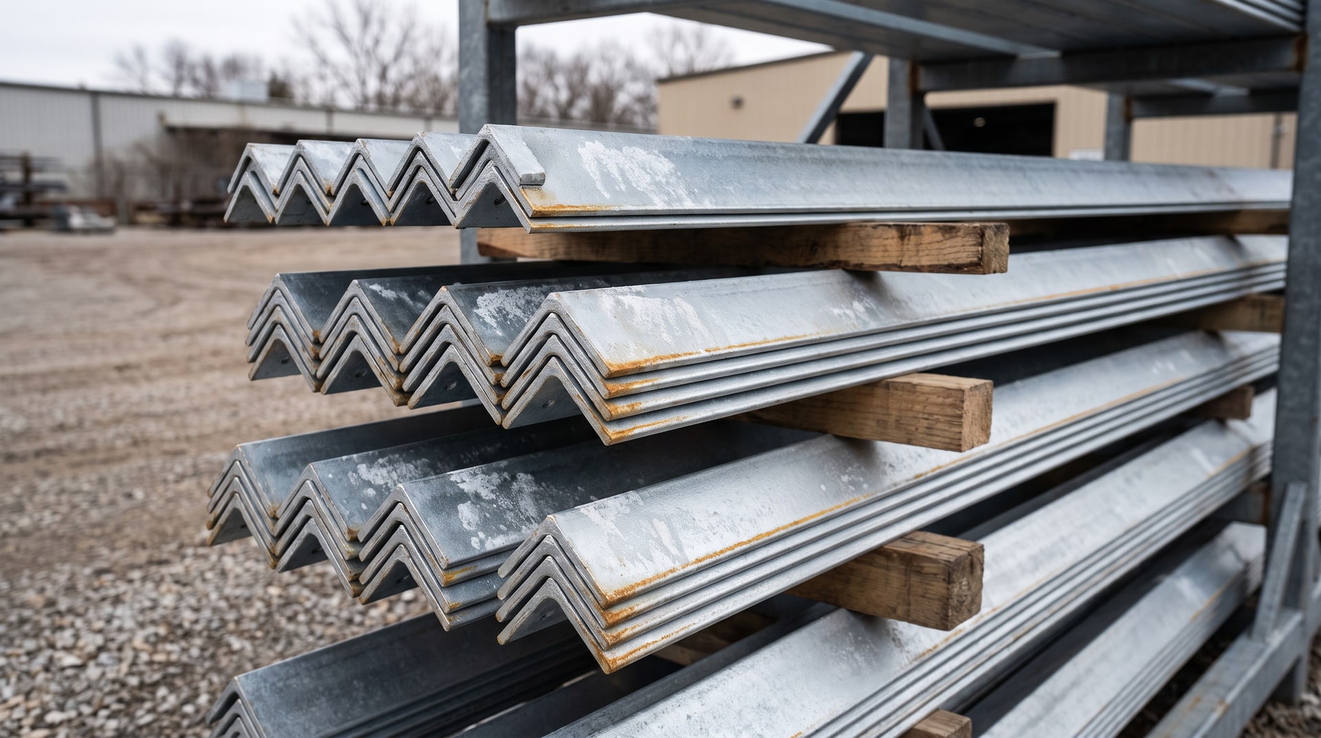 Stacks of newly hot-dip galvanized steel angle iron separated by wooden strip spacers on an outdoor storage rack, showing uniform silver zinc coating under natural daylight.